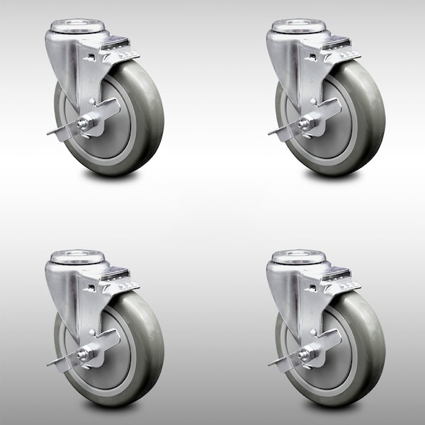 5 Inch SS Gray Polyurethane Wheel Swivel Bolt Hole Caster Set with Brake SCC